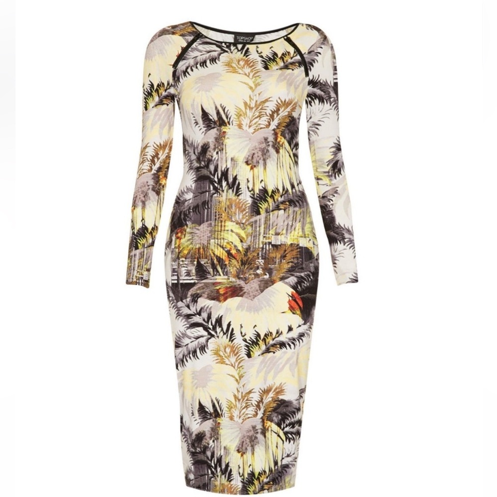 Topshop Women’s Bodycon Dress Size S Palm City Print Long Sleeve Midi